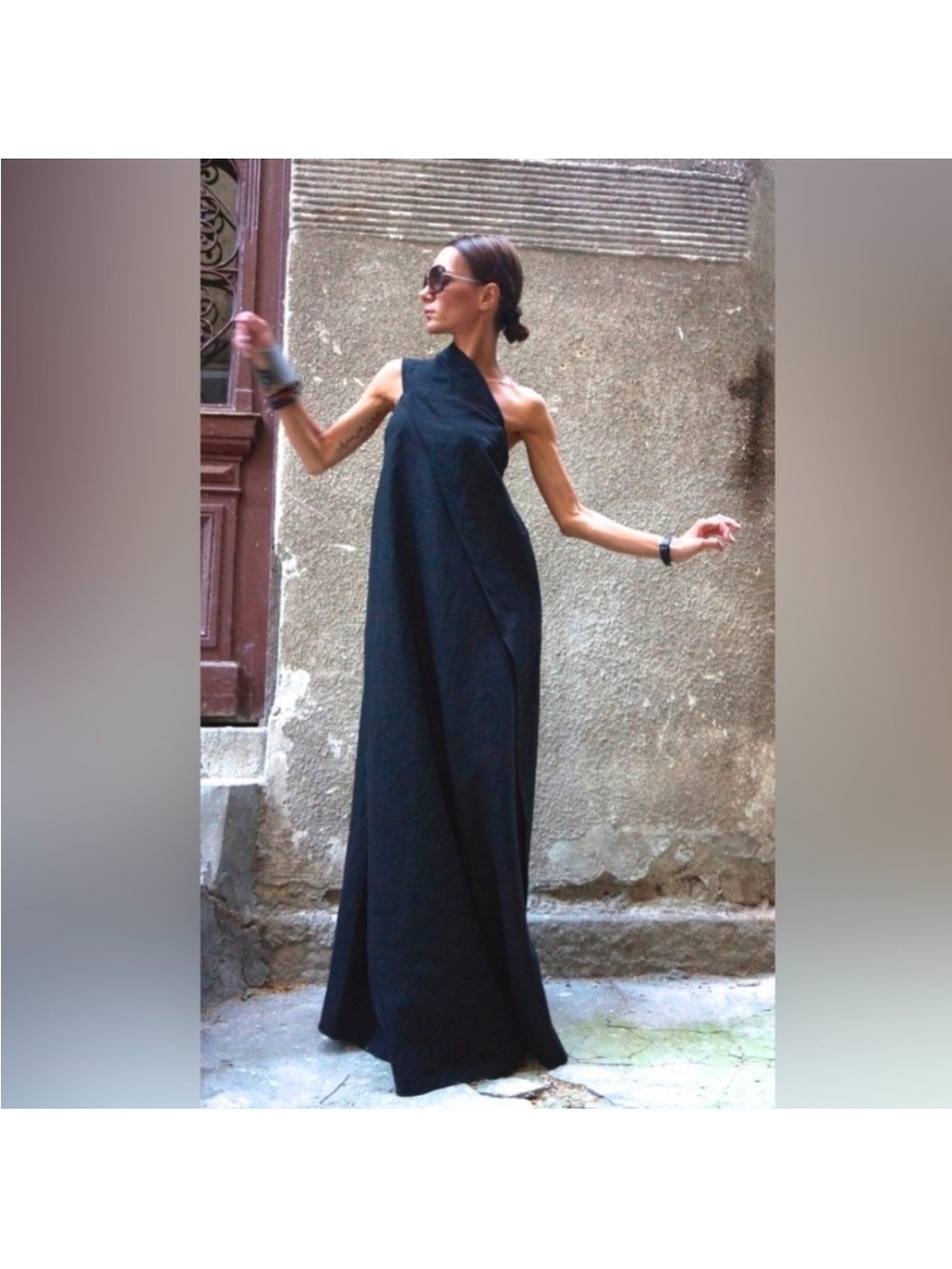 Aakasha One-Shoulder Navy Blue Maxi Dress - Minimal Evening Gown Size 2XL